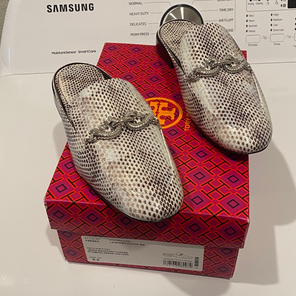 Tory Burch White and Black Snake Print Mules